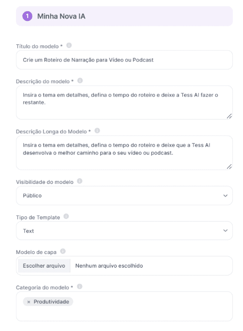 Tamplete Roteiro de Narração para Vídeo ou Podcast: imagem da plataforma Tess AI para servir de passo a passo.