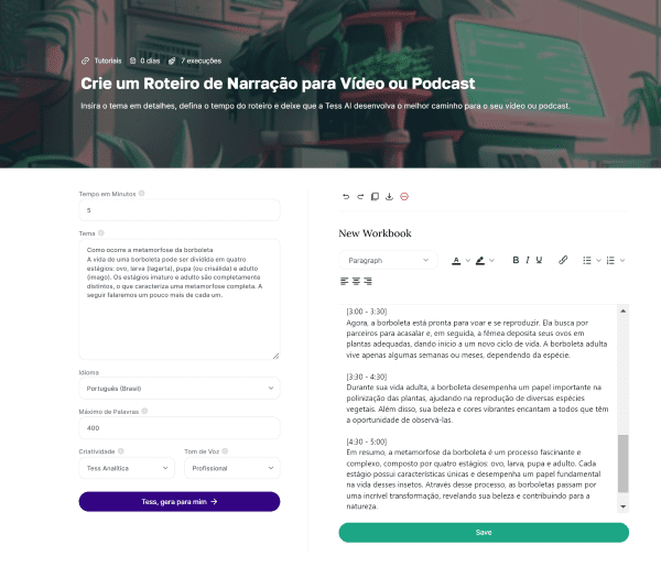 Tamplete Roteiro de Narração para Vídeo ou Podcast: imagem da plataforma Tess AI para servir de passo a passo.