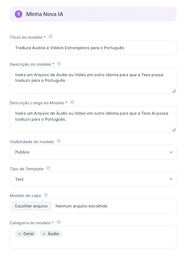 Transcrição de Áudio: imagem da plataforma Tess AI para servir de passo a passo.