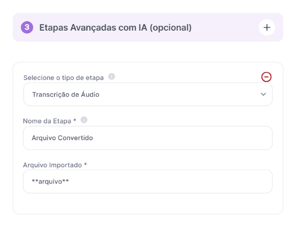 Transcrição de Áudio: imagem da plataforma Tess AI para servir de passo a passo.