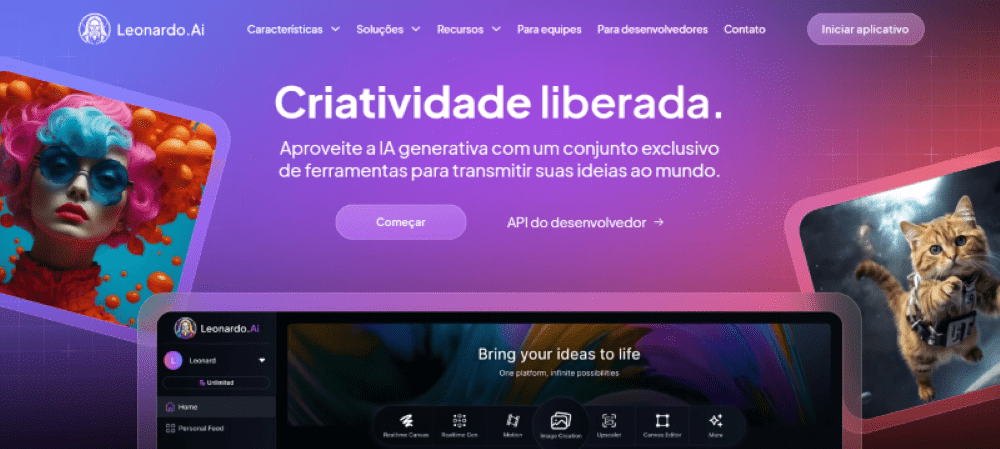 Leonardo AI: página inicial da plataforma Leonardo IA