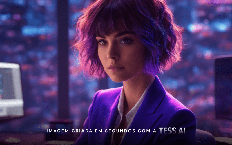 Inteligência Artificial nas Empresas: imagem gerada pela Tess AI de uma mulher com cabelo curto, vestida com um terno azul.