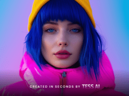 Inteligência Artificial no Marketing: imagem gerada pela plataforma Tess AI. Linda menina com cabelo azul, touca amarela e casaco rosa.