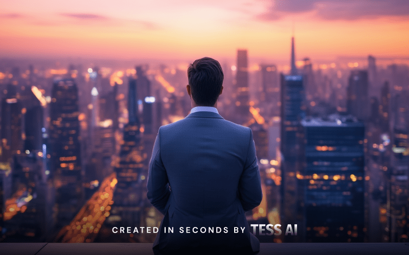 Data and IA: Tess AI-generated image of a man in a gray suit, sitting, overlooking a brightly lit city