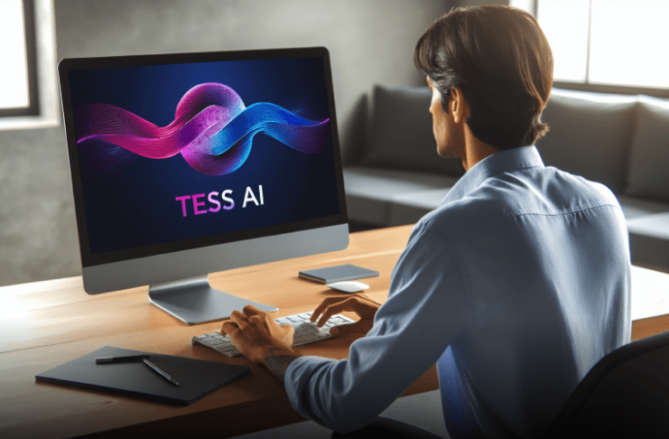 IA para Criar Logos: imagem de um designer criando um logo no computador. Imagem gerada pela plataforma Tess AI