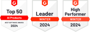 Selos do G2 avaliando a Pareto e a Tess AI como: Top 50 AI Products 2024, Leader Winter 2024, High Performer Winter 2024.