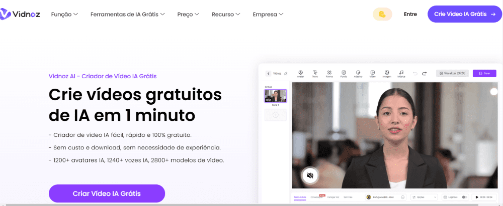 Criar Video com IA: página inicial do Vidnoz AI
