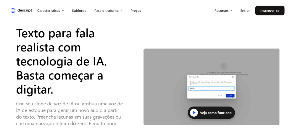 Text to Speech: página inicial do Descript
